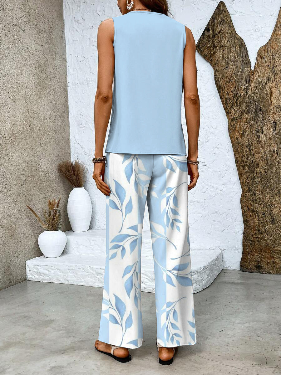 Women’s Two-Piece Set with Sleeveless Top and Patterned Wide-Leg Trousers