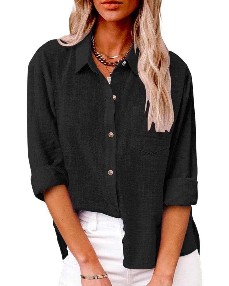 Loose-fitting women's blouse with button placket and shirt collar