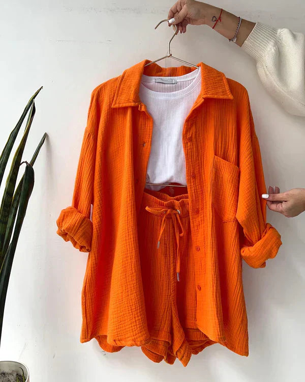 Women’s Two-Piece Set with Button-Up Shirt and Drawstring Shorts