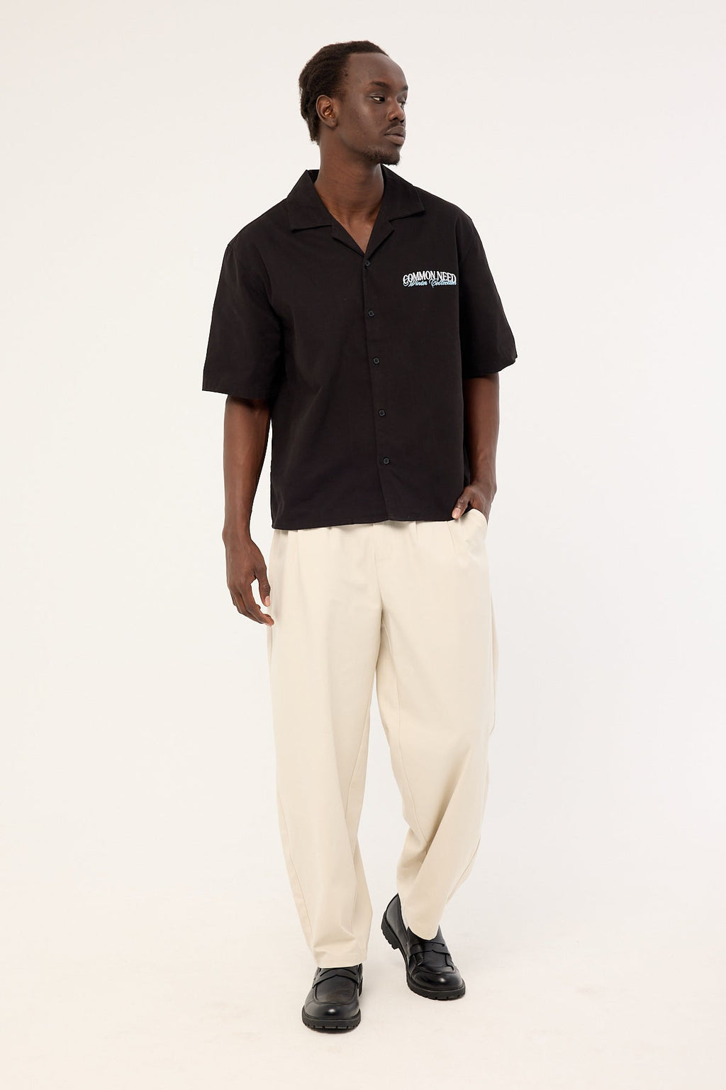 Common Need Enroll Boxy Cropped Resort Shirt Black