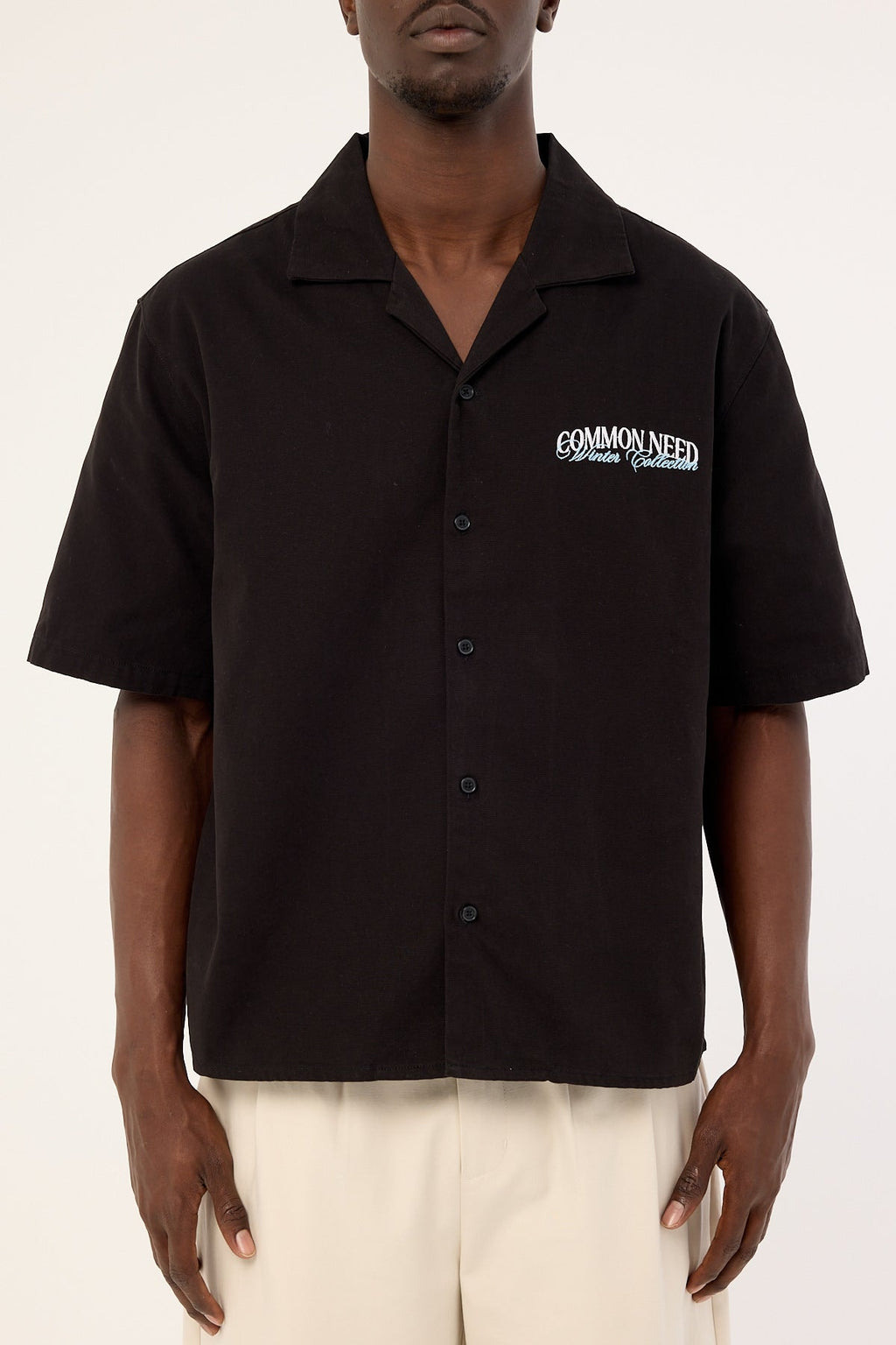 Common Need Enroll Boxy Cropped Resort Shirt Black