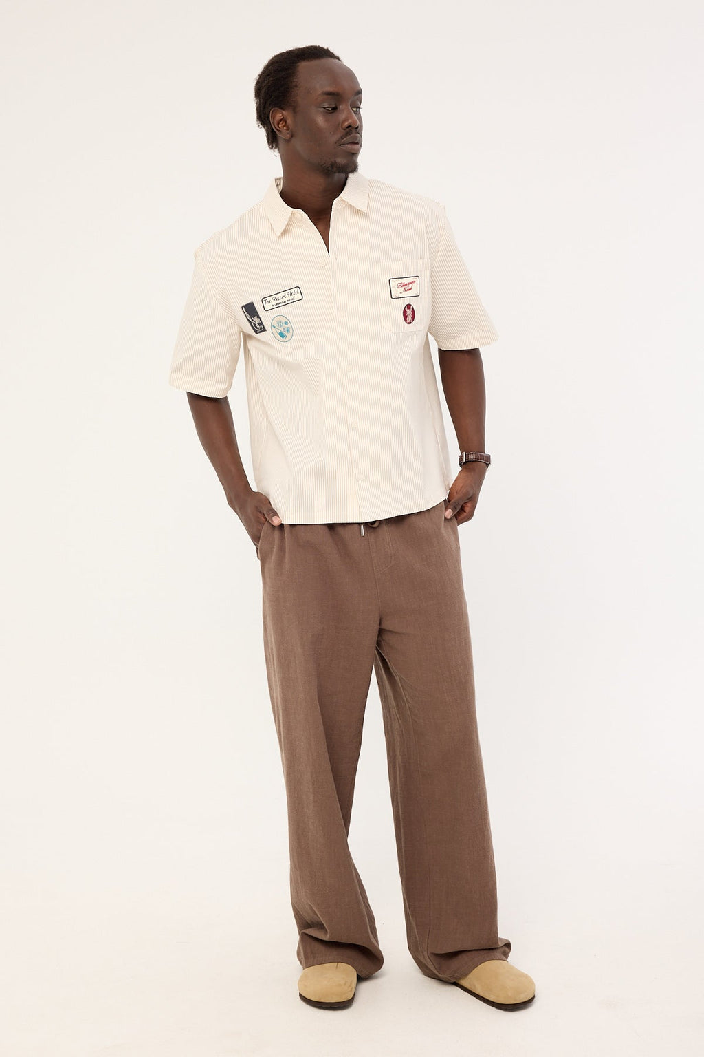 Common Need Getaway Boxy Cropped Shirt White/Tan Stripe