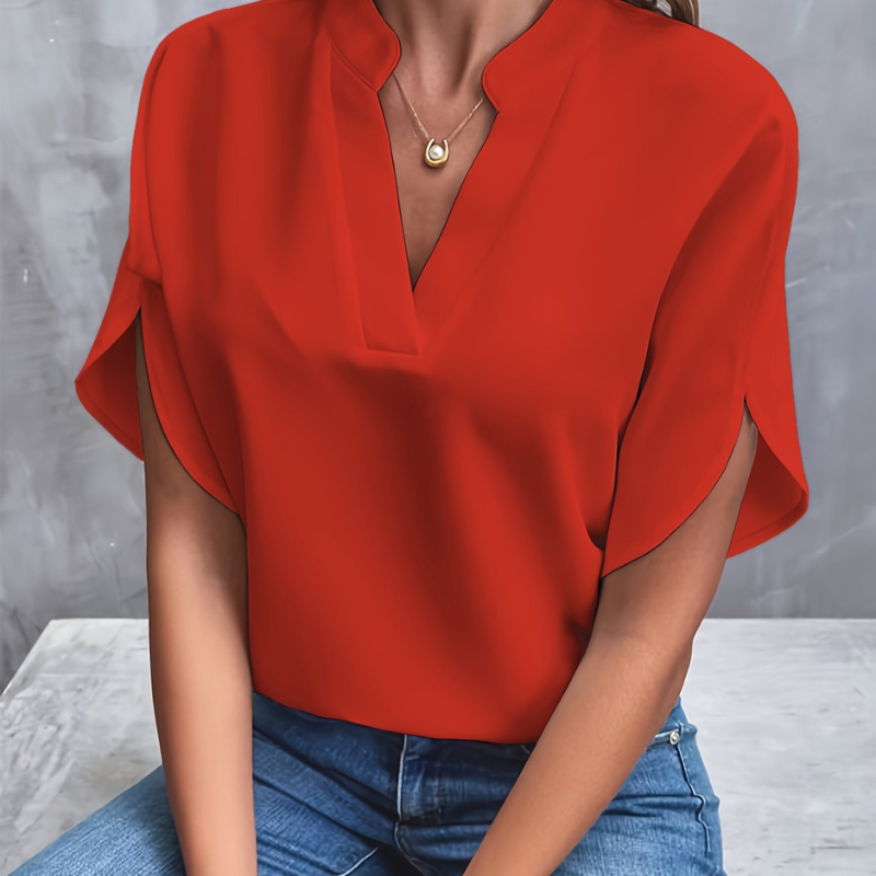 Women's blouse with V-neck and short sleeves