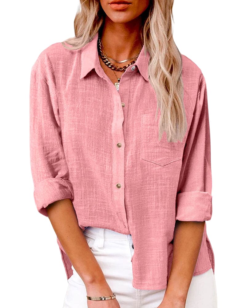 Loose-fitting women's blouse with button placket and shirt collar