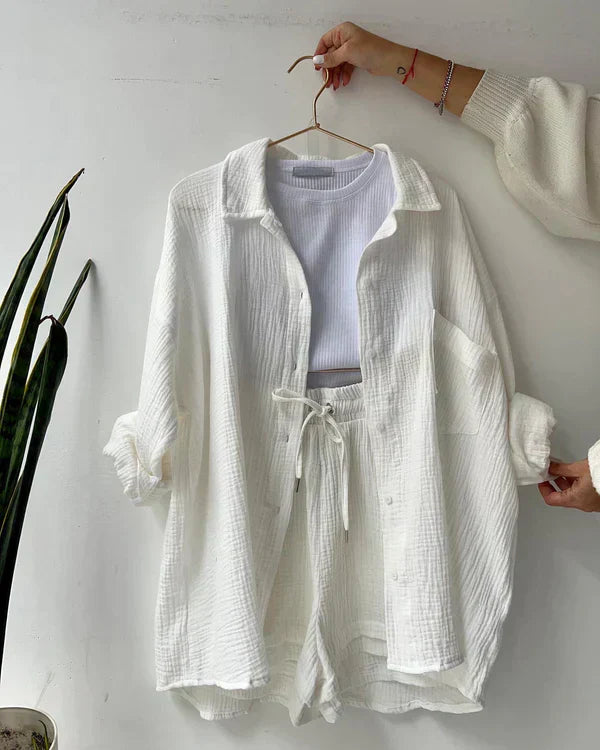 Women’s Two-Piece Set with Button-Up Shirt and Drawstring Shorts