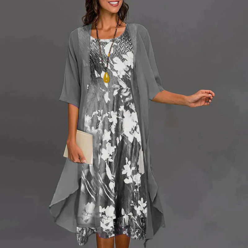 Dames tweedelige set met bloemenjurk en lichtgewicht vest