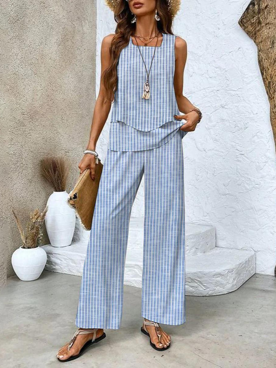 Women’s Two-Piece Set with Sleeveless Top and Patterned Wide-Leg Trousers