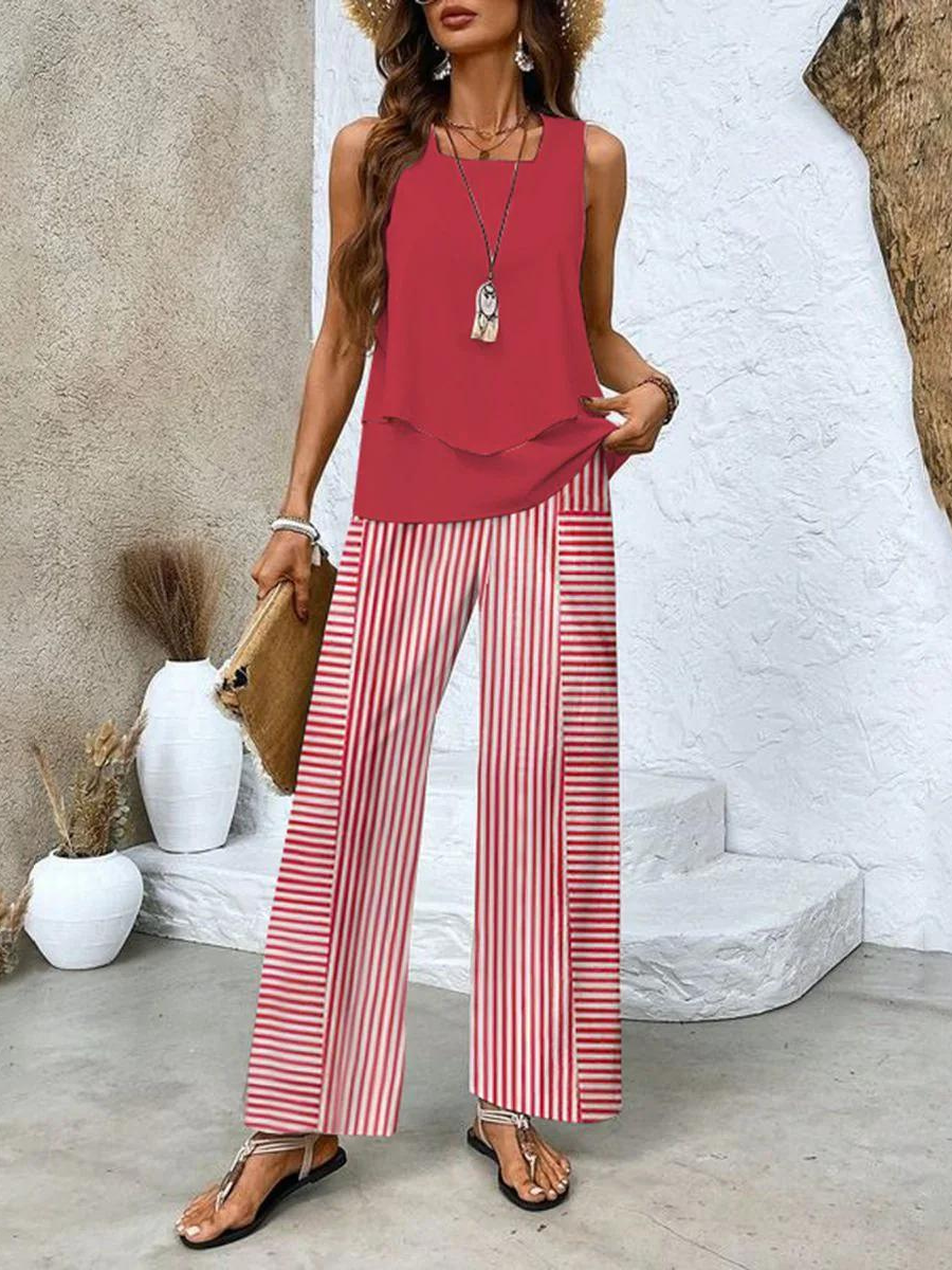 Women’s Two-Piece Set with Sleeveless Top and Patterned Wide-Leg Trousers