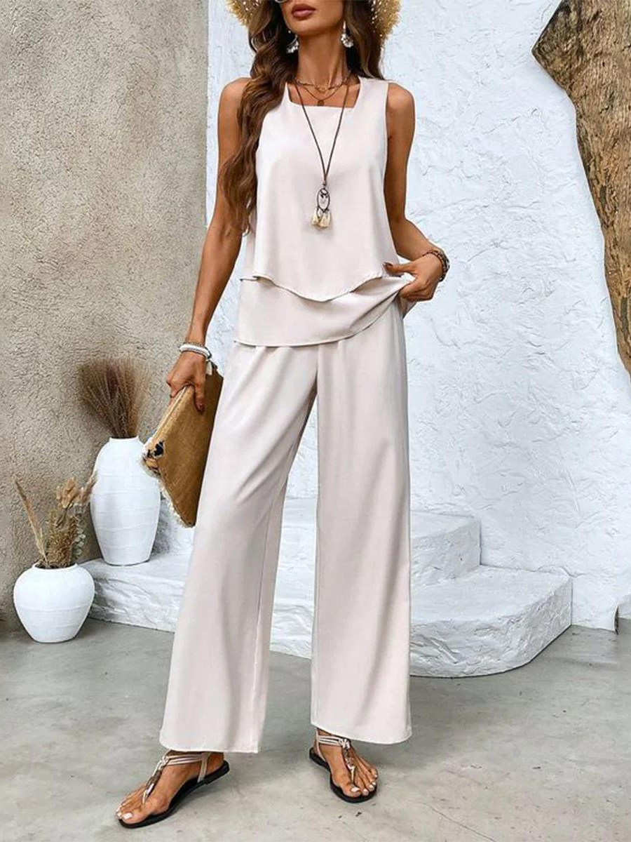 Women’s Two-Piece Set with Sleeveless Top and Patterned Wide-Leg Trousers