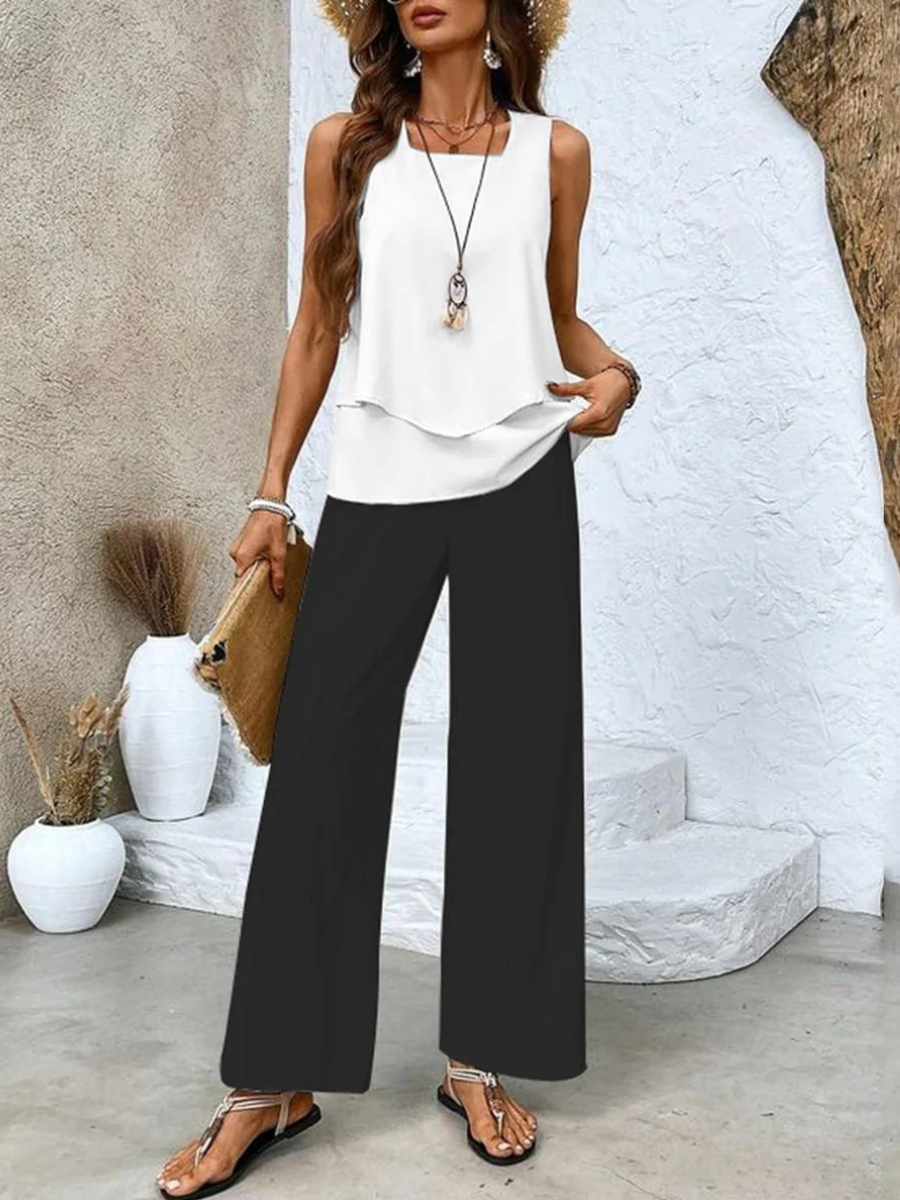 Women’s Two-Piece Set with Sleeveless Top and Patterned Wide-Leg Trousers