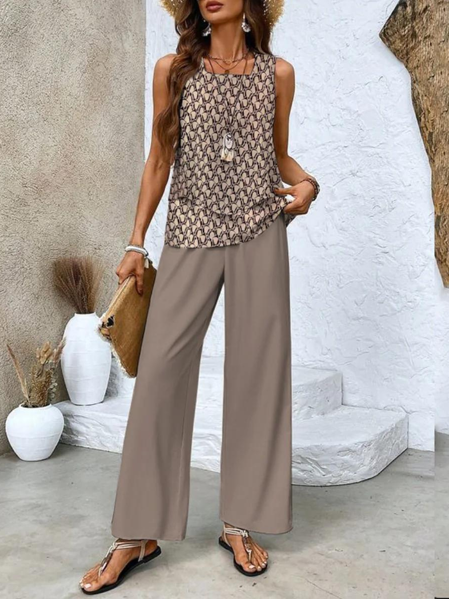 Women’s Two-Piece Set with Sleeveless Top and Patterned Wide-Leg Trousers