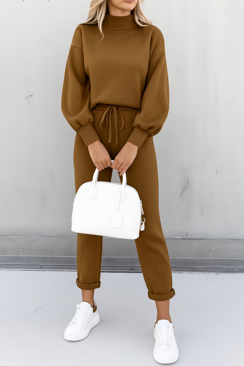 Women’s Two-Piece Set with Long-Sleeve Top and Elastic Waist Trousers