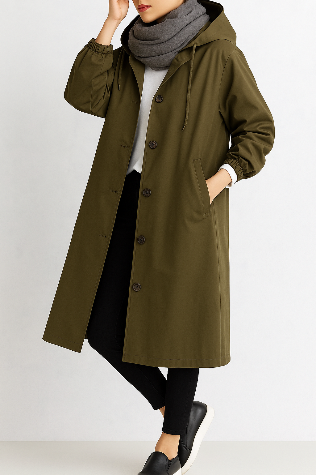 Women’s Long Coat with Button Closure and Side Pockets