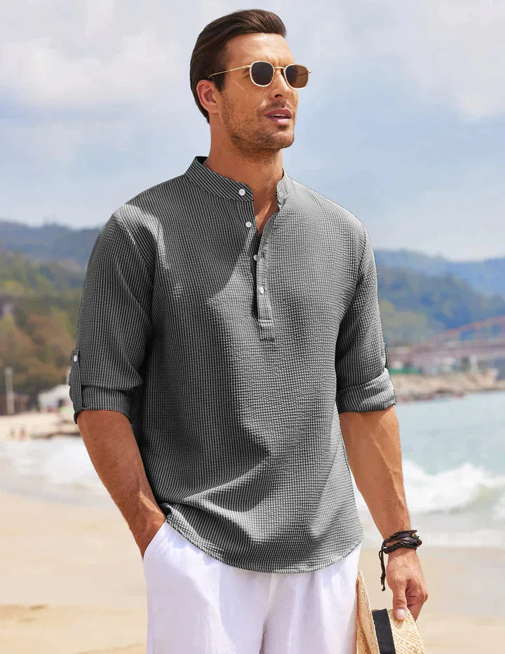 Lightweight men's shirt with stand-up collar and half button placket