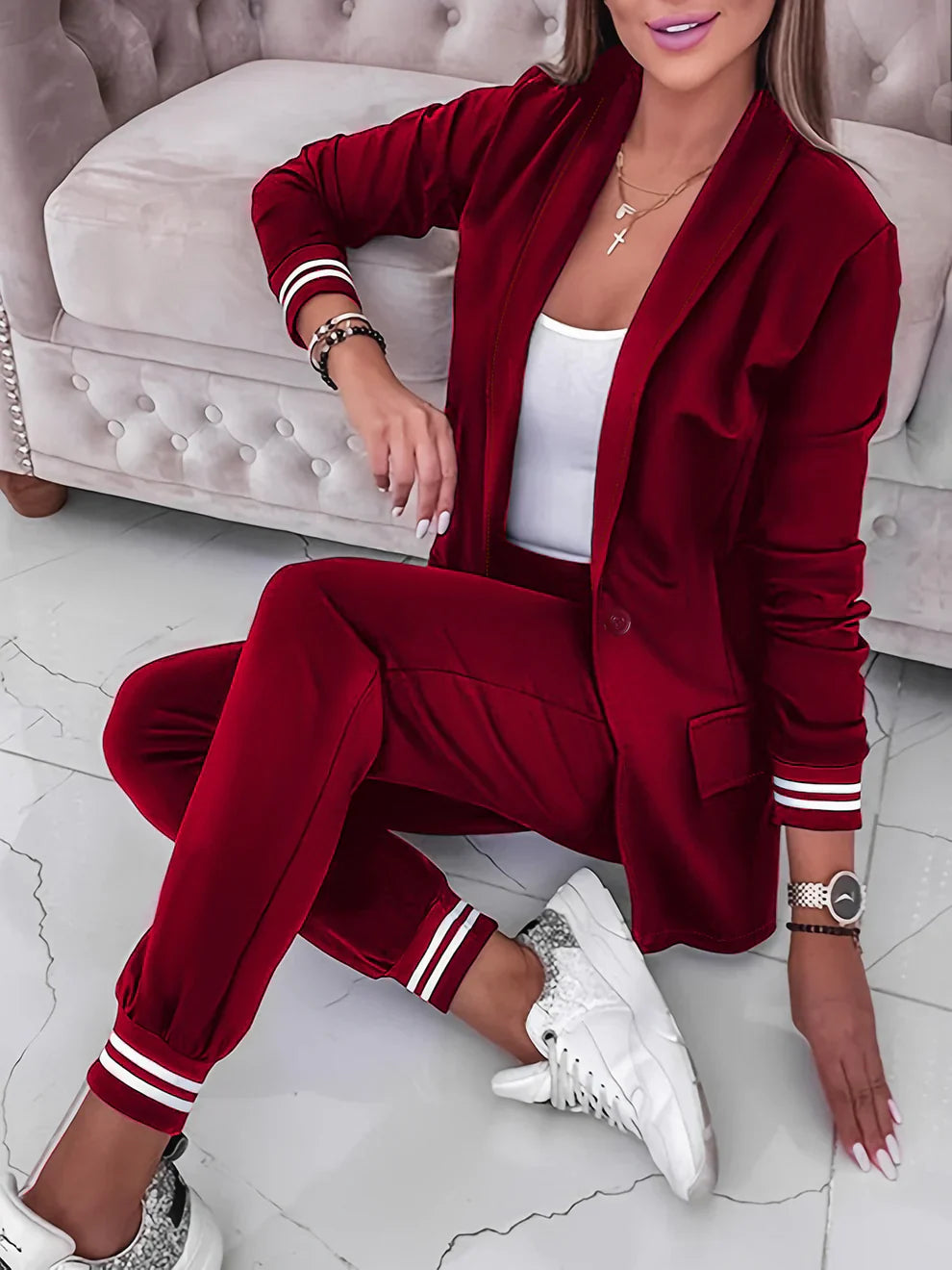 Women’s Two-Piece Blazer and Trousers Set with Open-Front Design