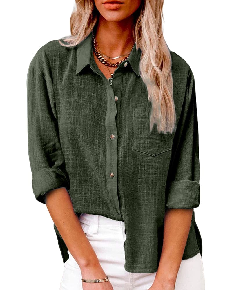 Loose-fitting women's blouse with button placket and shirt collar
