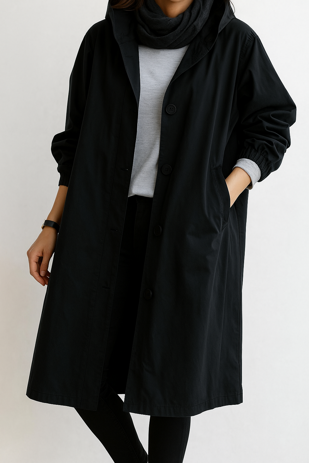 Women’s Long Coat with Button Closure and Side Pockets