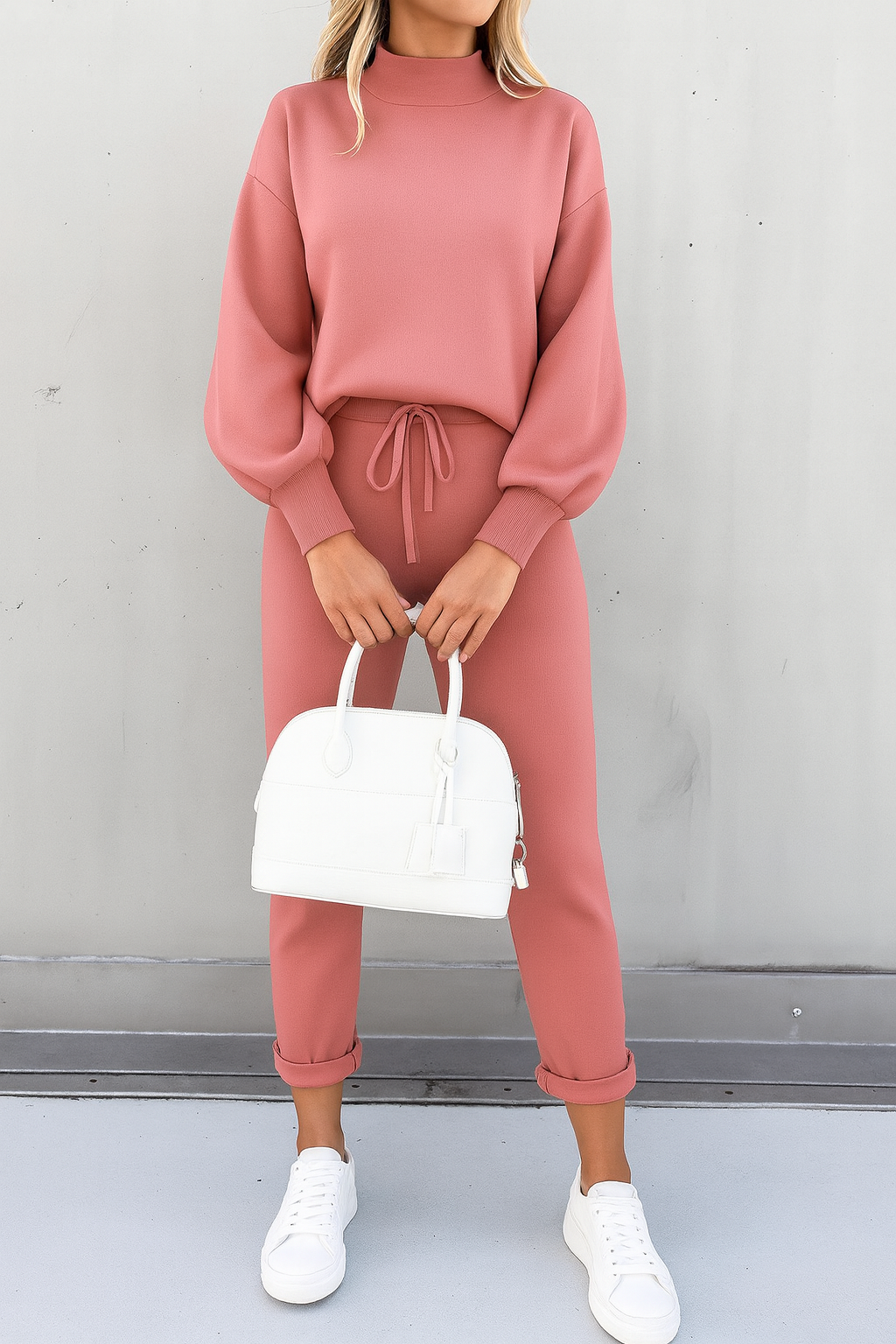 Women’s Two-Piece Set with Long-Sleeve Top and Elastic Waist Trousers