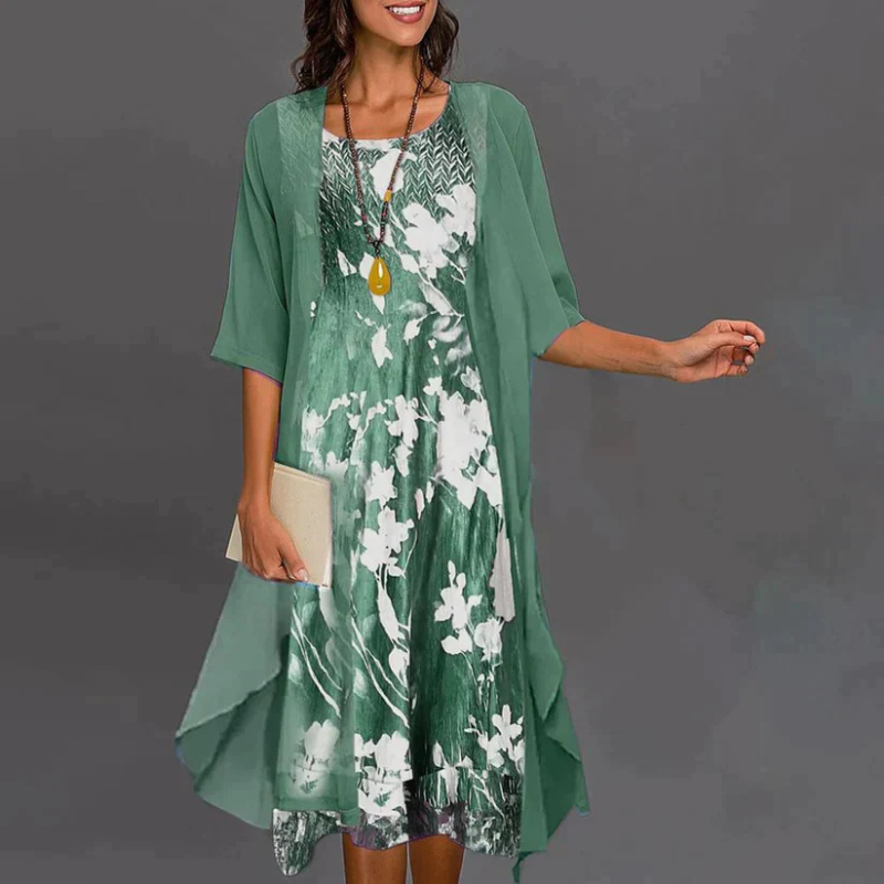 Dames tweedelige set met bloemenjurk en lichtgewicht vest