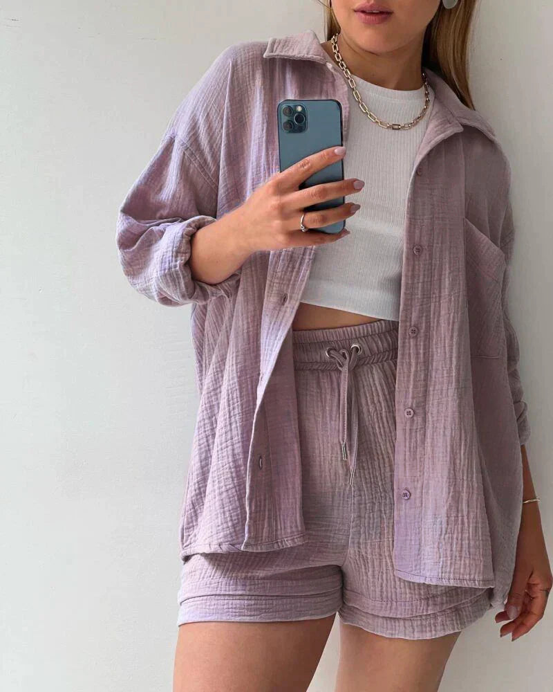 Women’s Two-Piece Set with Button-Up Shirt and Drawstring Shorts