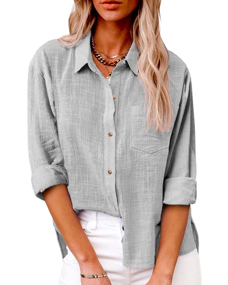 Loose-fitting women's blouse with button placket and shirt collar