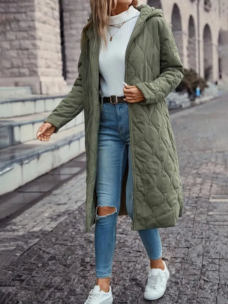 Long quilted coat with hood and zipper closure