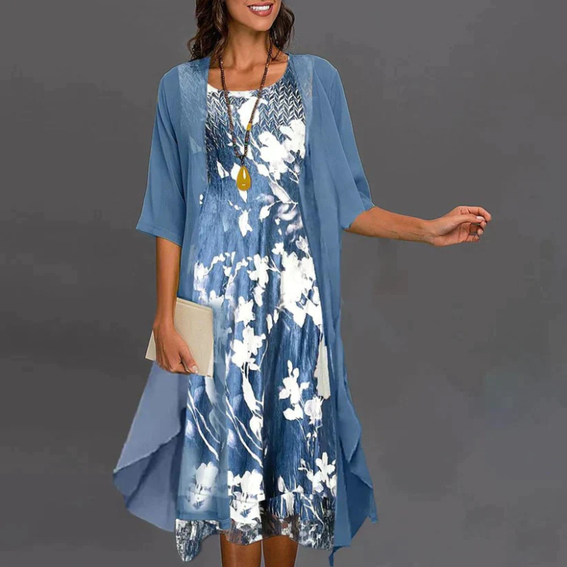Dames tweedelige set met bloemenjurk en lichtgewicht vest