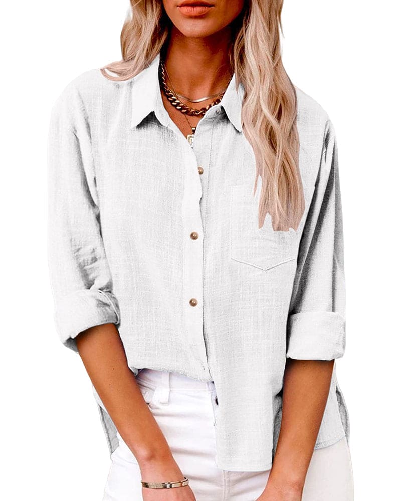 Loose-fitting women's blouse with button placket and shirt collar
