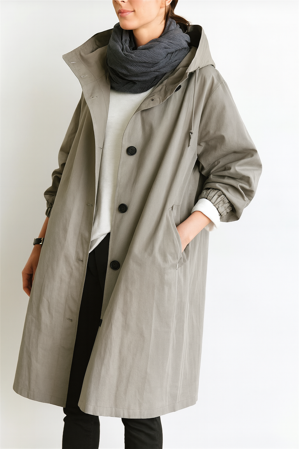 Women’s Long Coat with Button Closure and Side Pockets