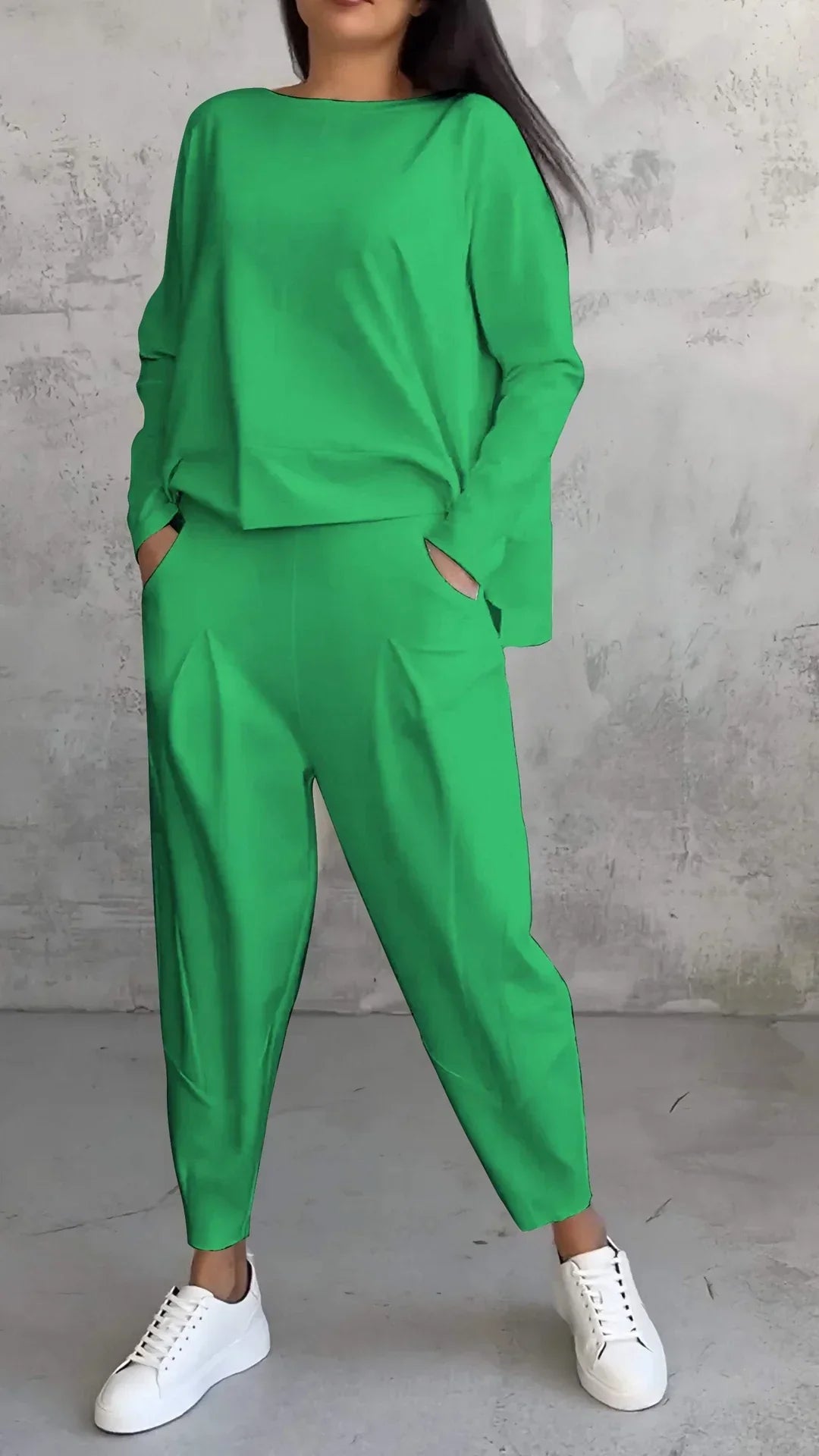 Women’s Two-Piece Set with Wide-Neck Top and Tapered Trousers