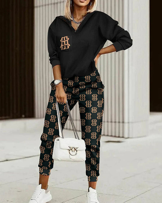 Two-piece set with collared top and patterned pants