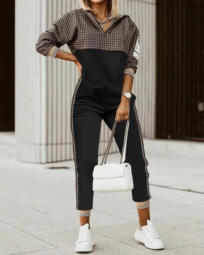 Two-piece set with collared top and patterned pants