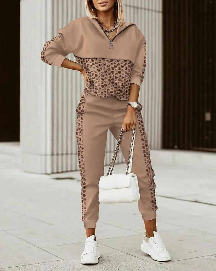 Two-piece set with collared top and patterned pants