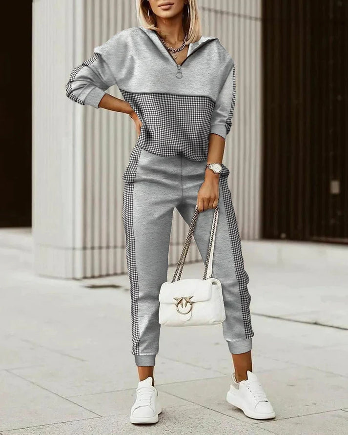 Two-piece set with collared top and patterned pants
