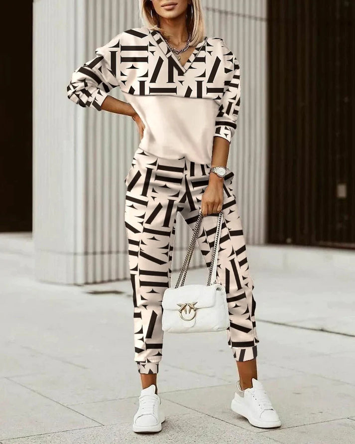 Two-piece set with collared top and patterned pants