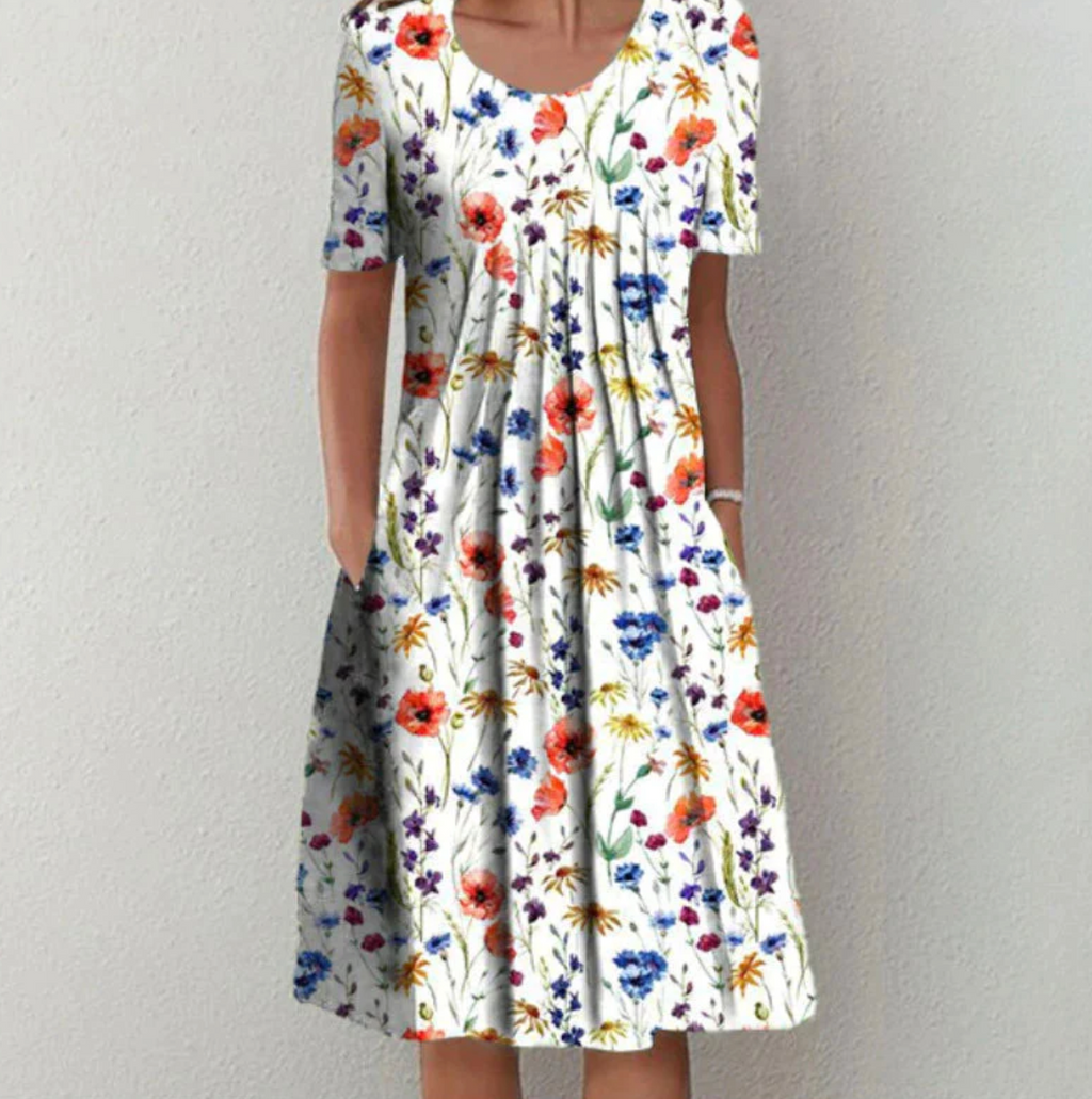 Knee-length women's dress with pattern and V-neck