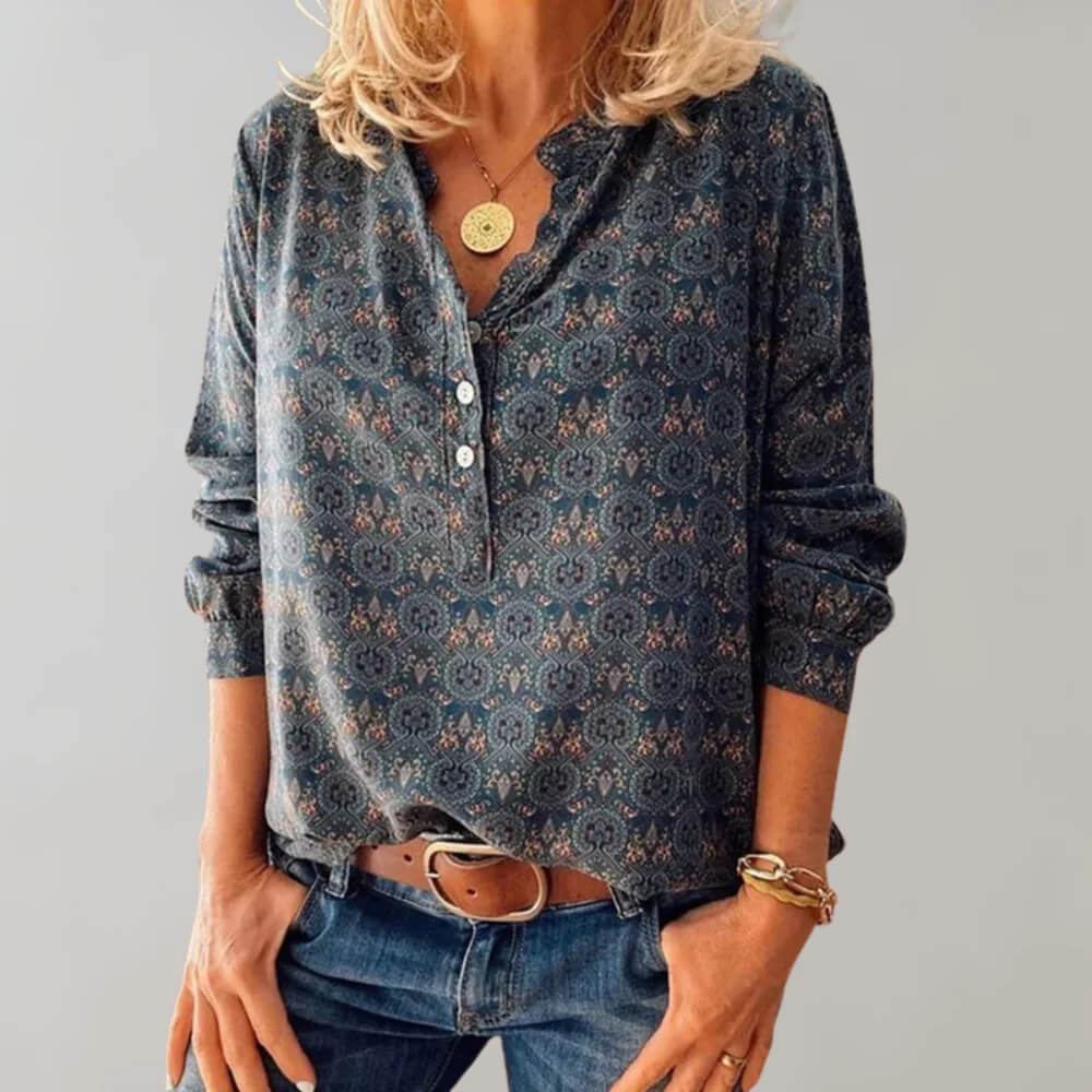 Women's blouse with geometric pattern and button placket