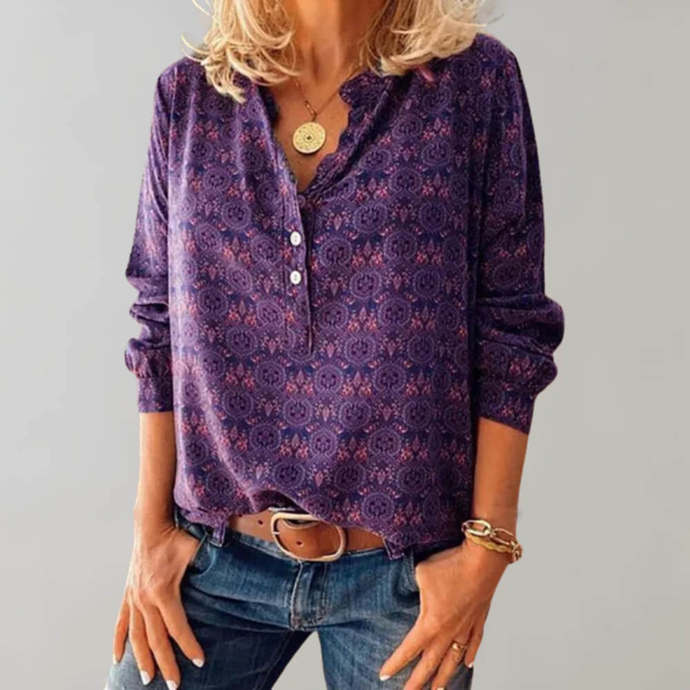 Women's blouse with geometric pattern and button placket