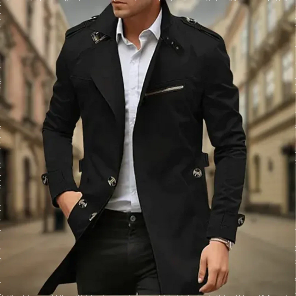Men’s Long Coat with Button Closure and Tailored Design