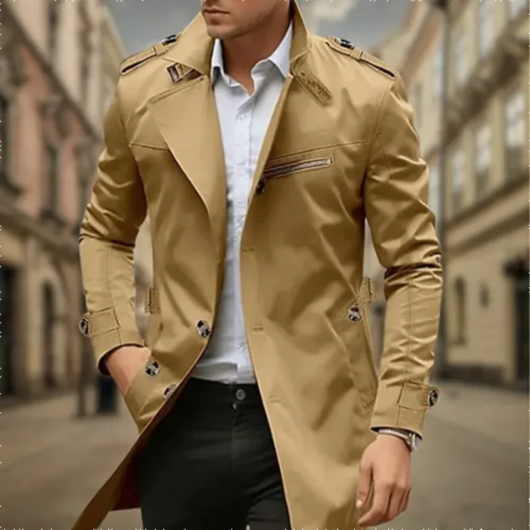 Men’s Long Coat with Button Closure and Tailored Design
