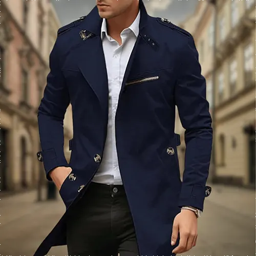 Men’s Long Coat with Button Closure and Tailored Design