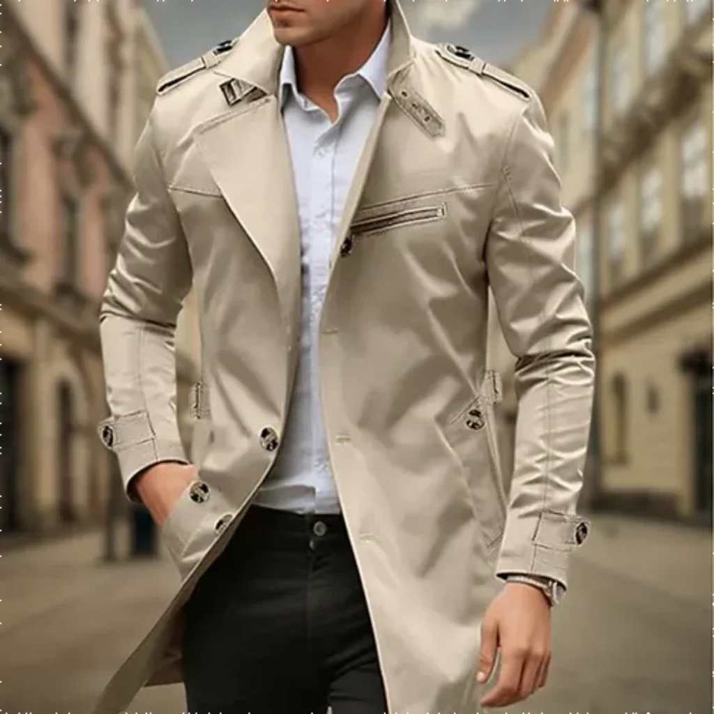 Men’s Long Coat with Button Closure and Tailored Design