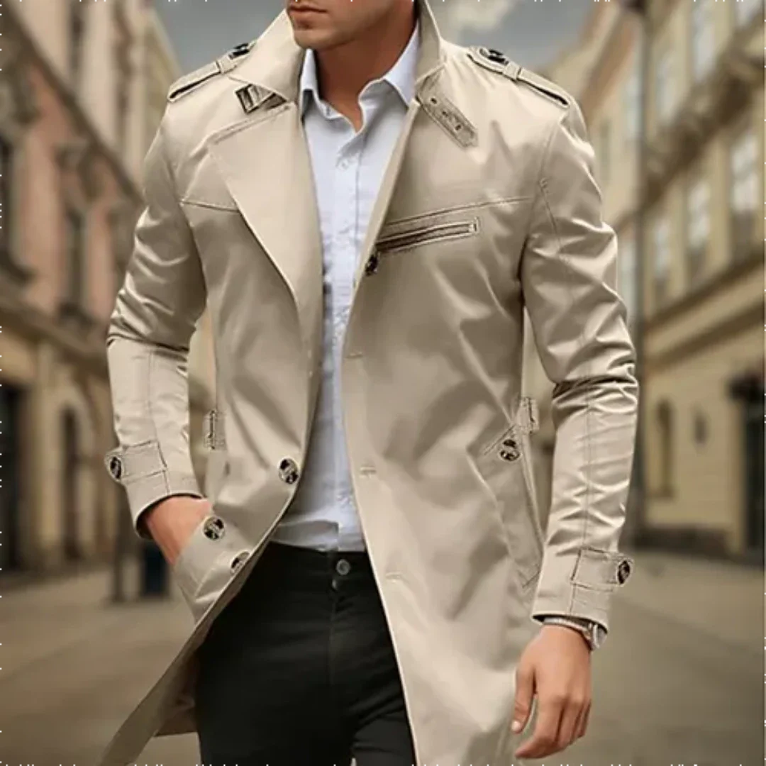 Men’s Long Coat with Button Closure and Tailored Design