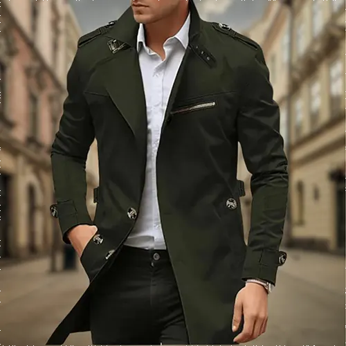 Men’s Long Coat with Button Closure and Tailored Design