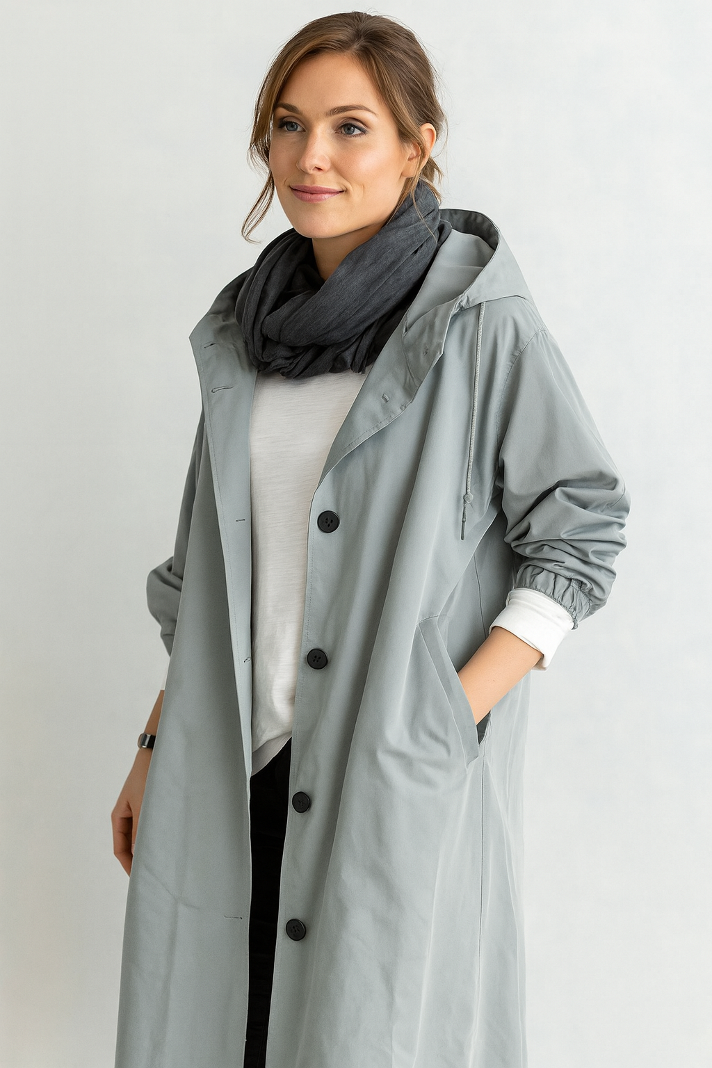 Women’s Long Coat with Button Closure and Side Pockets