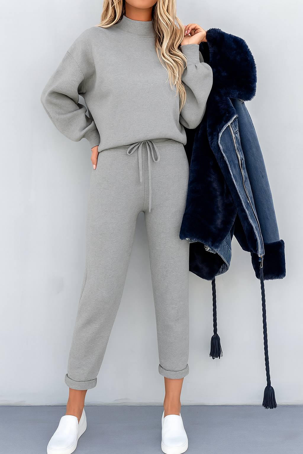 Women’s Two-Piece Set with Long-Sleeve Top and Elastic Waist Trousers