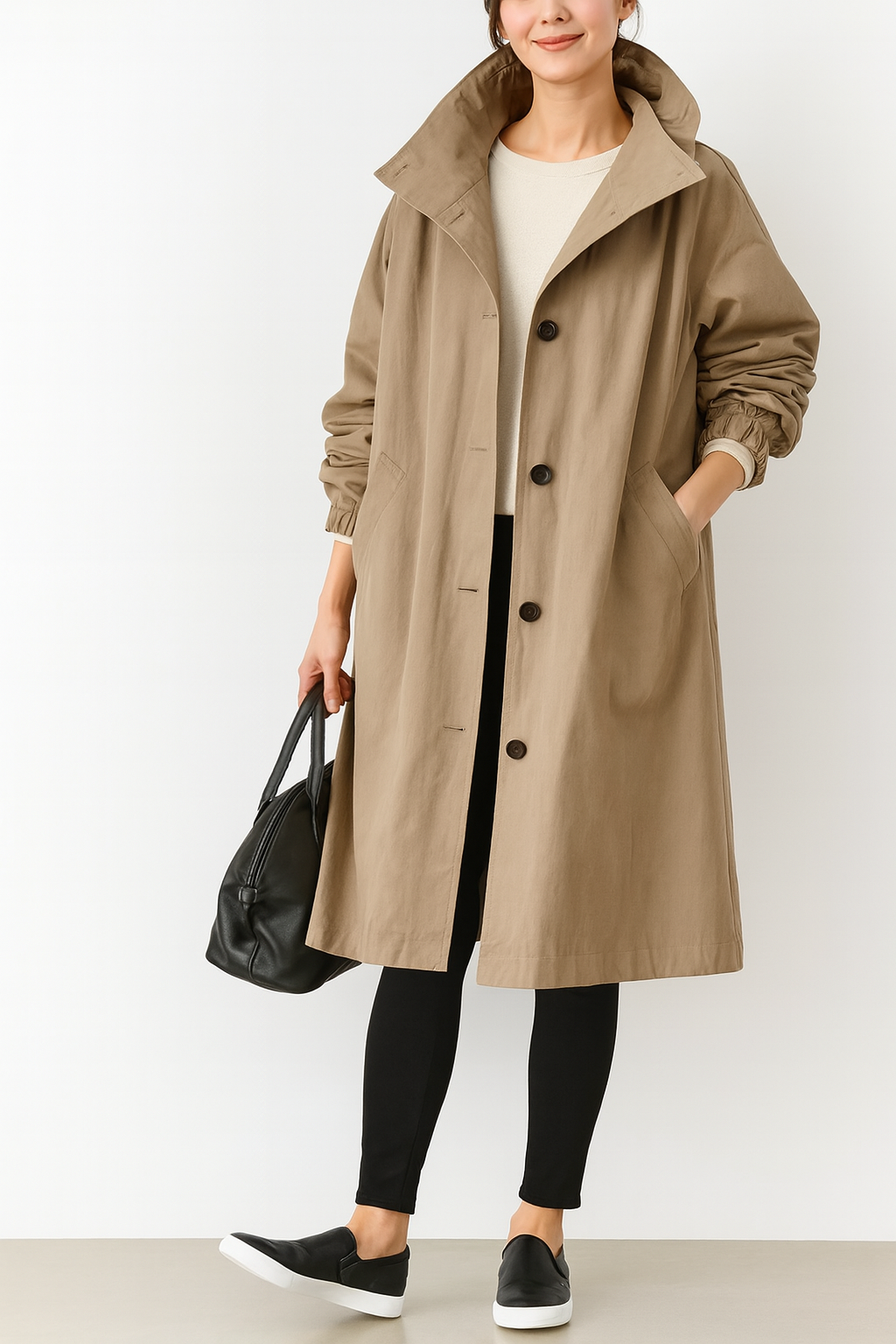 Women’s Long Coat with Button Closure and Side Pockets