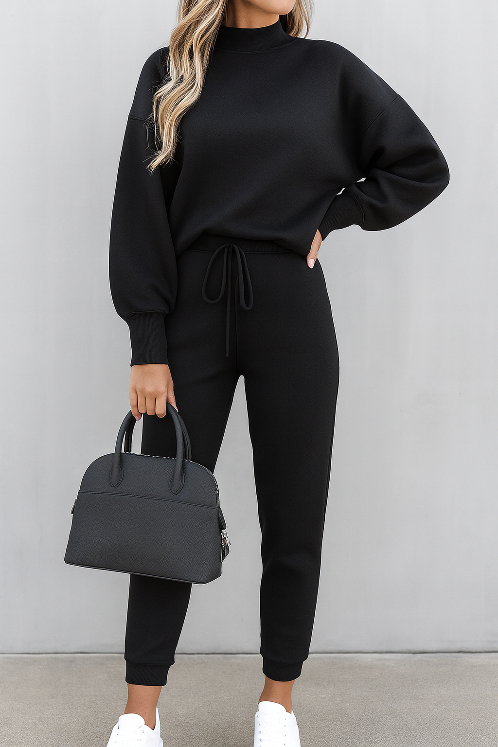 Women’s Two-Piece Set with Long-Sleeve Top and Elastic Waist Trousers