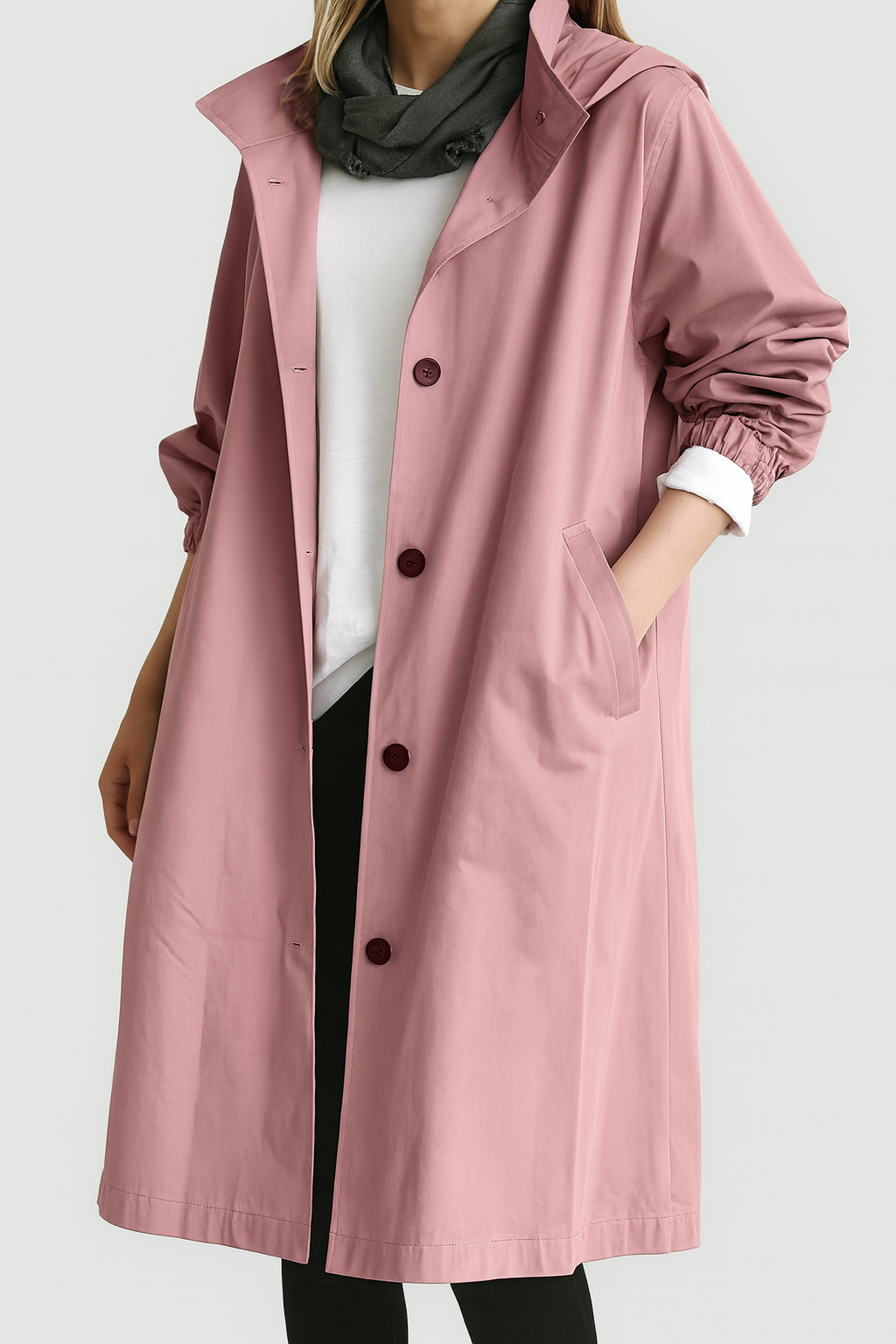 Women’s Long Coat with Button Closure and Side Pockets