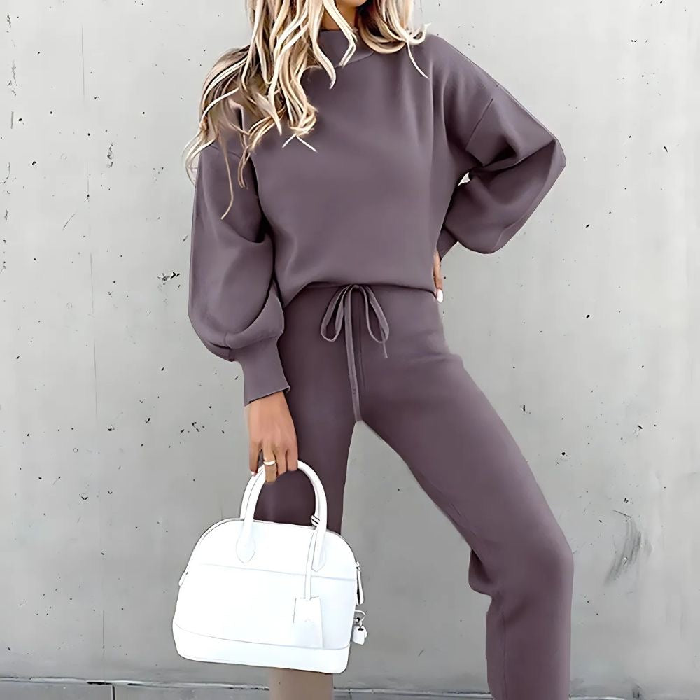 Women’s Two-Piece Set with Long-Sleeve Top and Elastic Waist Trousers